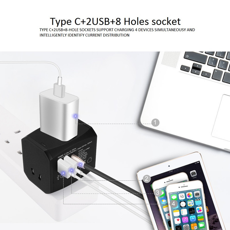 Univerzální cestovní adaptér RRTRAVEL, mezinárodní napájecí adaptér typu all-in-one s 4A 3 USB, evropský cestovní adaptér pro cestovní adaptér, nástěnná nabíječka pro UK, EU, AU, Asia pokrývá 150 + zemí