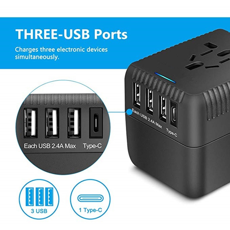 RRTRAVEL Universal Travel Travel Adaptér pro cestování, Vše v jednom mezinárodním Power Adaptéru s 3 USB + 1 Type C Charging Ports, European Plug Adaptér, AC Outlet Plug Adaptér pro evropské, USA, UK, AU 160+ Země