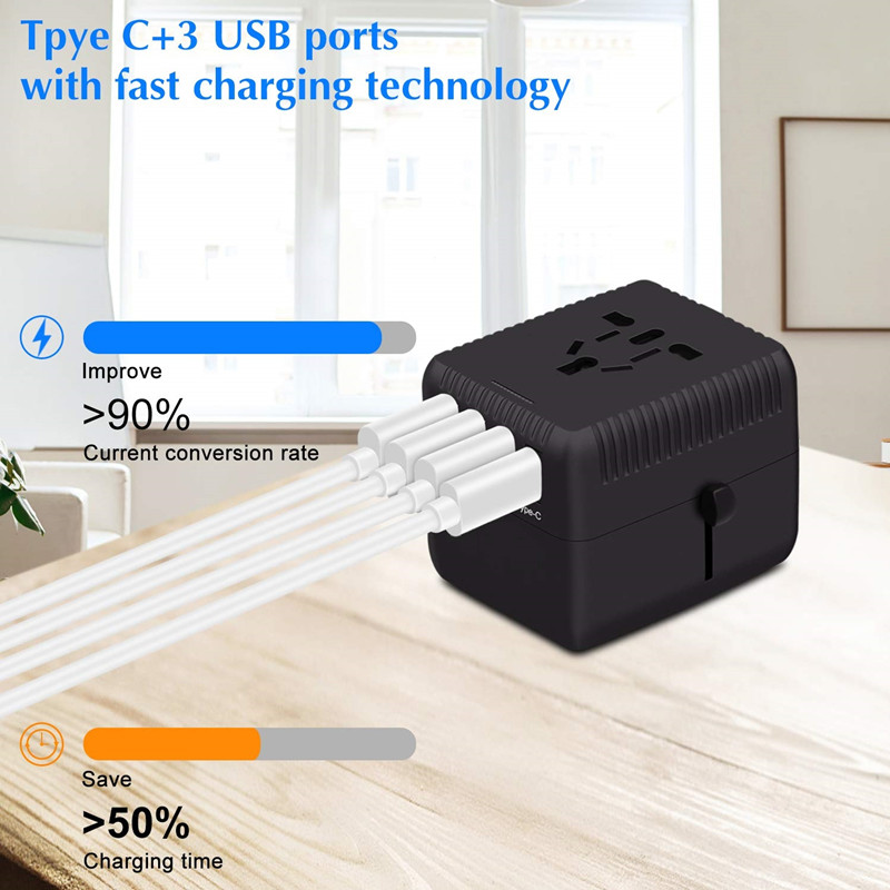 Univerzální cestovní adaptér PD Jeden mezinárodní nástěnný nabíječ AC adaptér s 5A inteligentním napájením a 3,0A USB Type-C pro USA EU UK AUS