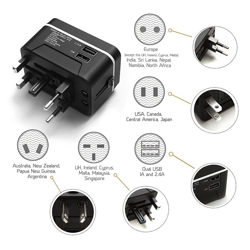 Cestovní adaptér RRTRAVEL, univerzální mezinárodní napájecí adaptér se 2 porty USB a evropským adaptérem, vhodný pro notebook s mobilním telefonem ve více než 150 zemích