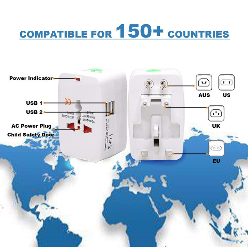 RRTRAVEL 931D Celosvětový cestovní napájecí adaptér, univerzální cestovní adaptér AC napájecí adaptér s duálními USB porty pro USA EU UK AUS mobilní telefon pokrývá notebooky 150+ zemí