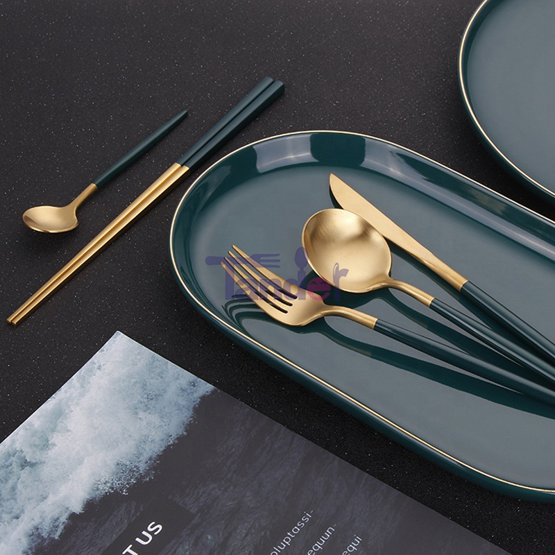 Zelená násada nerezové oceli svatba plná restaurace Matte Gold Spoon Fork knife Sada