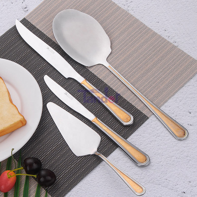 86PCS Vysoká kvalita korozivzdorné oceli Gold Cutlery Sada s koženým pouzdrem