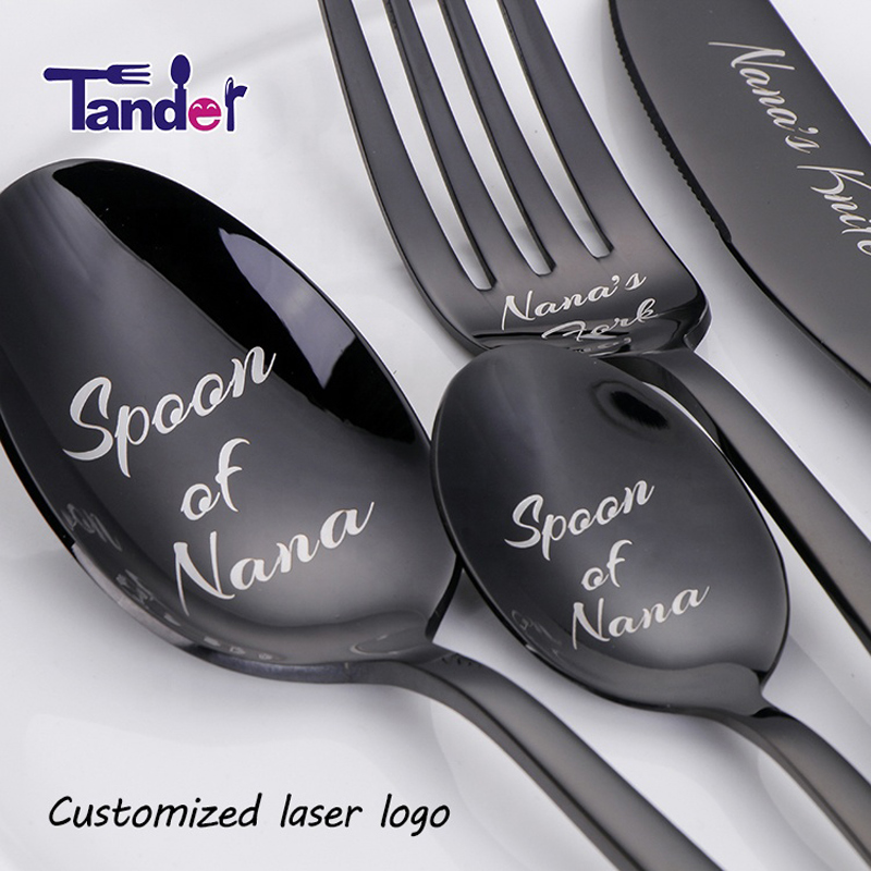 Vlastní laser Vaše jméno Logo Text na Stainless Steel Cutlery Set Knife Fork Spoon