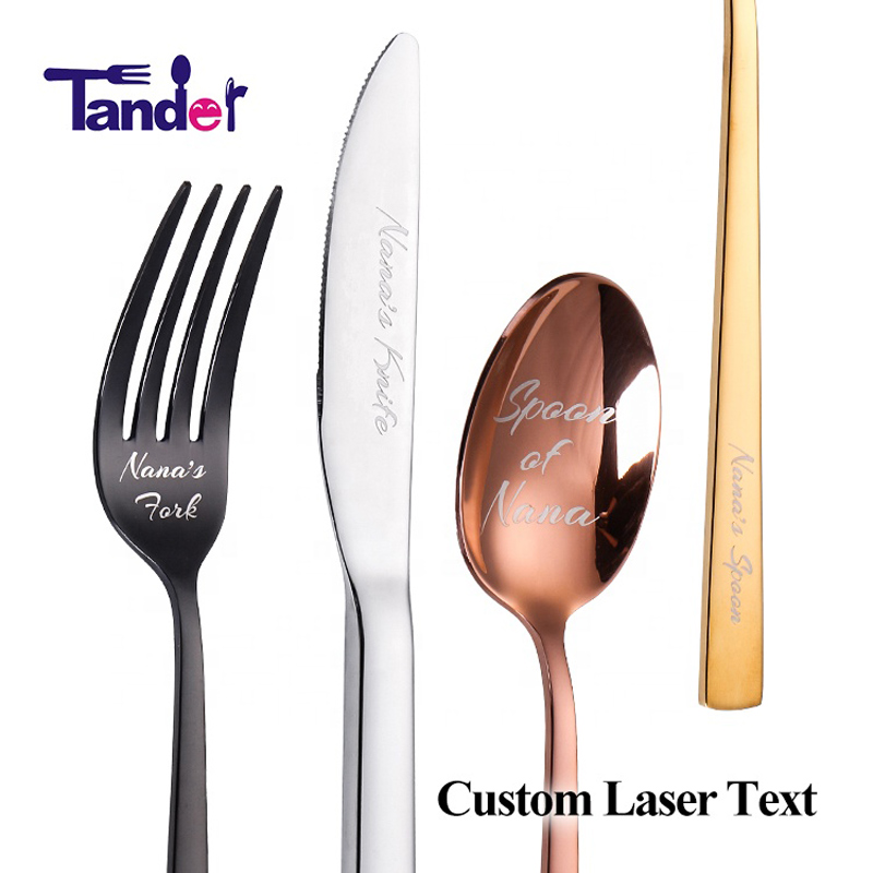 Vlastní laser Vaše jméno Logo Text na Stainless Steel Cutlery Set Knife Fork Spoon