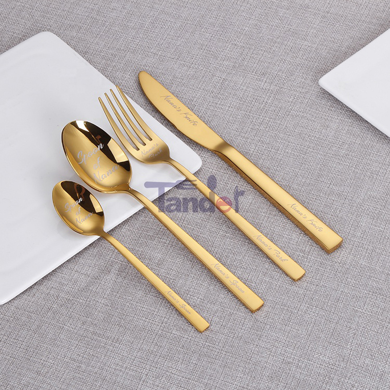 Vlastní laser Vaše jméno Logo Text na Stainless Steel Cutlery Set Knife Fork Spoon