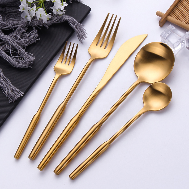 Titan Gold Plating Brass Flatware Matt Finish Metal Fork Spoon Knife Matte Gold Cutlery