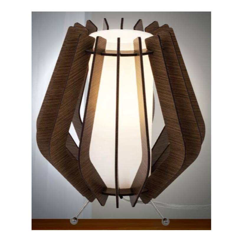 Tmavě hnědé dřevěné stolní lampa se skleněným stínem