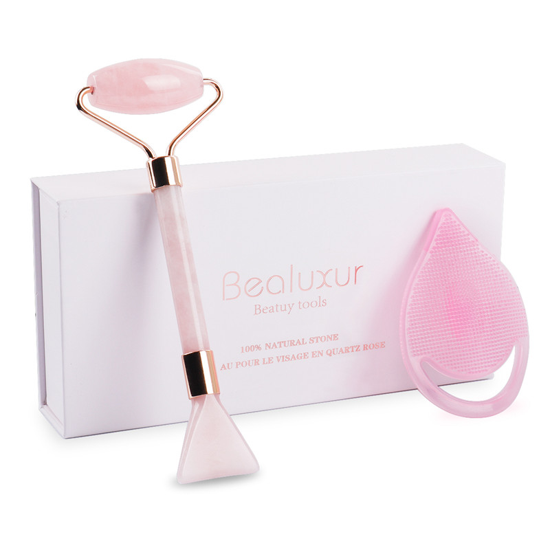Jade Roller, 100% Rose Quartz Roller & Scraping Plate & Maska štětec a čištění obličeje kartáč 4 Funkční obličej masér pro čelní oko tělo