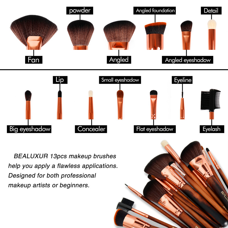 Kartáče BEALUXUR 13ks s koženou taškou Sada Premium Synthetic Cosmetic Cosmetic brush Sada ekologických štětců