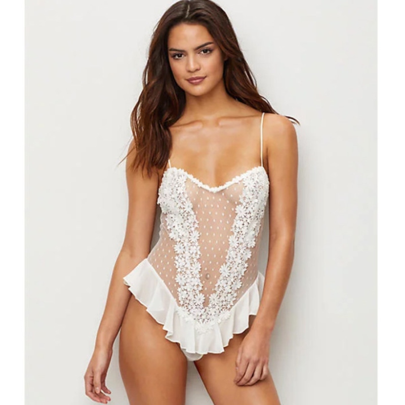 sexy podprsenka pro spodní prádlo, sexy spodní prádlo pro ženy, sexy podprsenka pro spodní prádlo pro ženy Sexy Gallus White Sheer Floral Lace and Mesh Nízko střihaný volánový pól Tančící medvídky Spodní prádlo