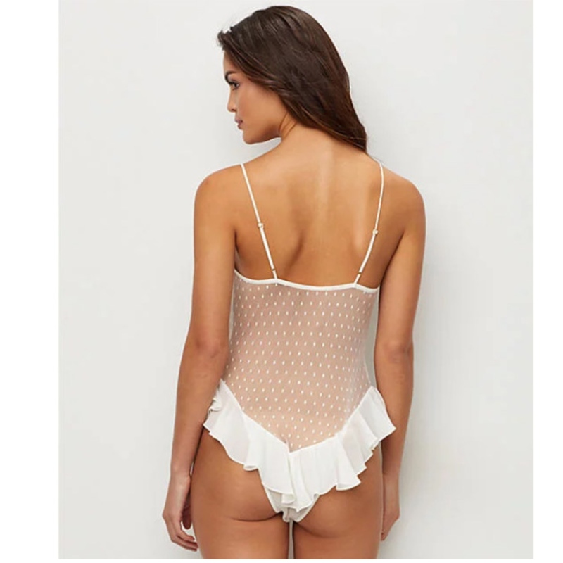 sexy podprsenka pro spodní prádlo, sexy spodní prádlo pro ženy, sexy podprsenka pro spodní prádlo pro ženy Sexy Gallus White Sheer Floral Lace and Mesh Nízko střihaný volánový pól Tančící medvídky Spodní prádlo