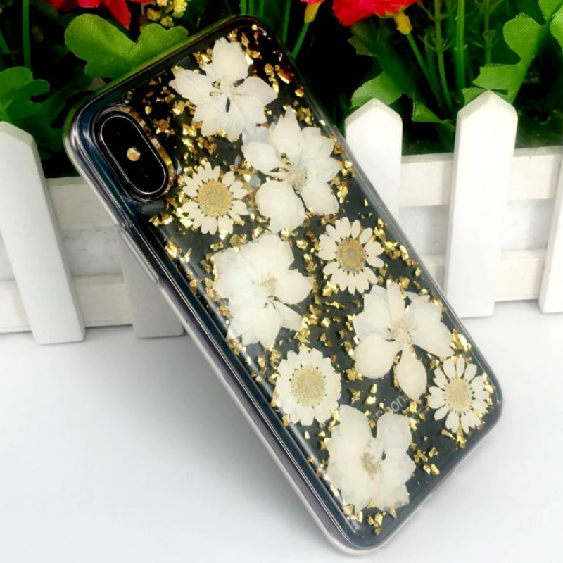 Přímý iPhone výrobce se zlatou fólií kapky lepidla skutečný květ sušený květ reliéfní TPU jablko transparentní rozbité pouzdro