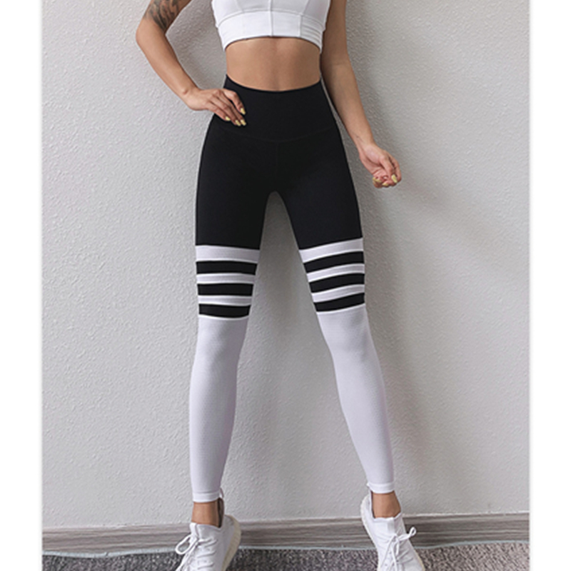 Nové sportovní legíny s vysokým pasem pro ženy módní pruhy vysoké protáhlé jóga kalhoty s dýchatelným fitness kalhoty