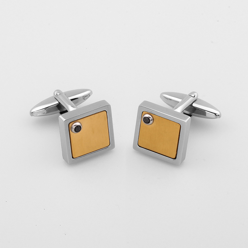 Pánské dvoubarevné pozlacené manžetové knoflíčky z nerezové oceli černý CZ kámen