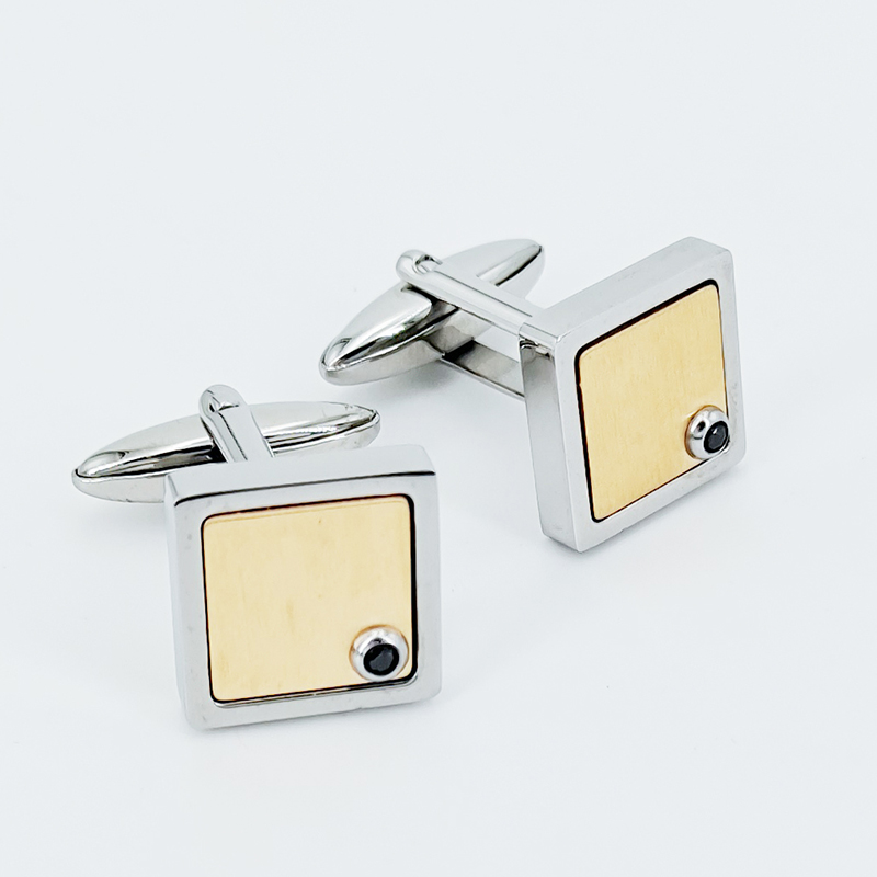Pánské dvoubarevné pozlacené manžetové knoflíčky z nerezové oceli černý CZ kámen