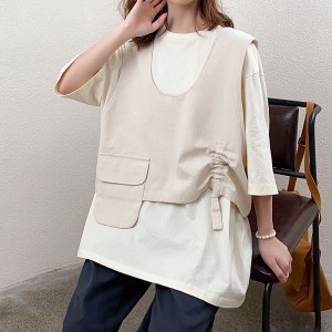 Volně padnoucí design Minimalistický styl s kulatým límcem Styl prošitého rukávu Neformální Jednobarevná bavlna a lněné nadměrné vlastní trička z roku 19527 + vesty