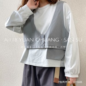 Loosefit-fitting design Minimalist Round Collar styl Stitched mange Casual Solid color bavlna a ložní prádlo nadrozměrné vlastní 19608 T-košile + Waistcoats