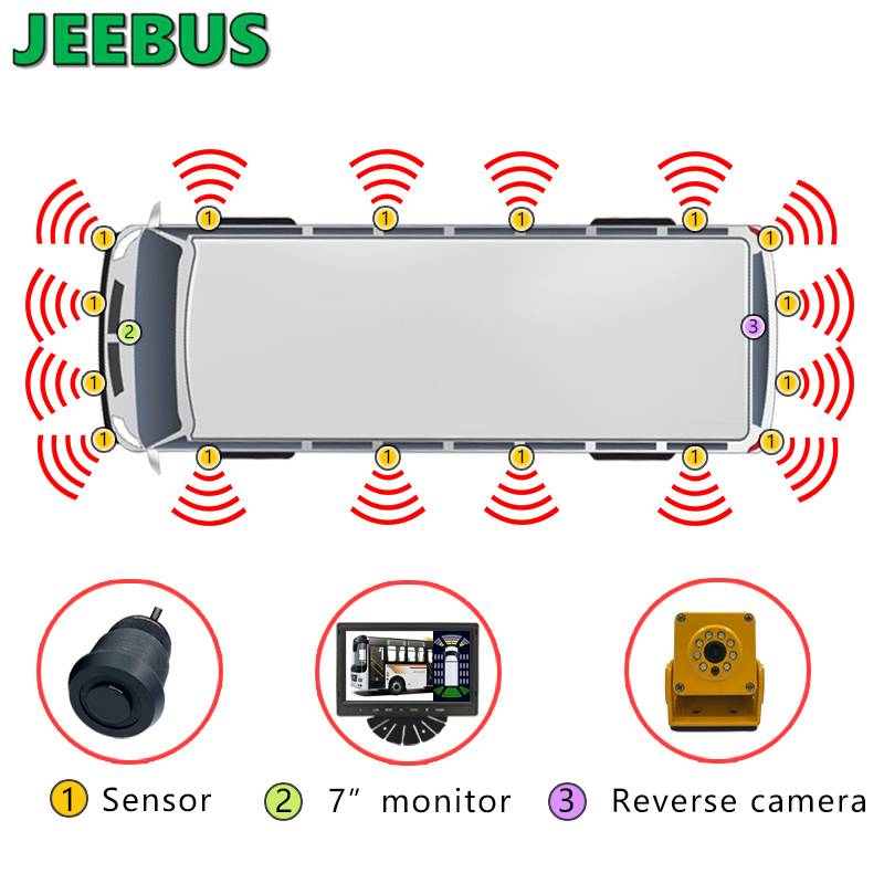 Vozidlo Autobus Parkovací radar Monitor senzorů HD 1080P Reverse Camera s 16 Senzory Detekce slepé tečky Digitální upozornění