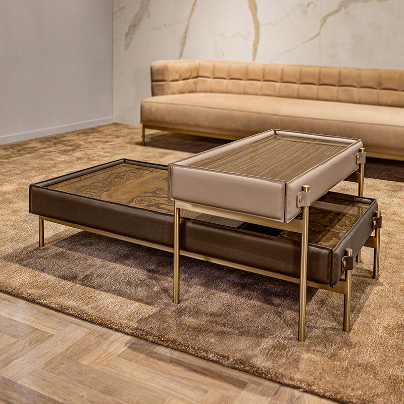 Italská minimalistická kombinace vnoření design znerezové ocelinohy obdélník přírodní dřevo koncový stůl kožený konferenční stolek