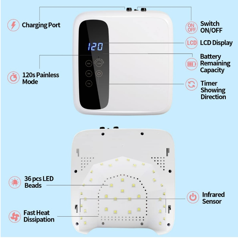 M&r 602Pro bezdrátová LEDnehtová lampa, bezdrátová sušičkananehty, 72W dobíjecí LEDnehty, přenosné gelové uv LEDnehtové lampy se 4 časovač a LCD displej, profesionální LEDnehtová lampa pro gelový lak