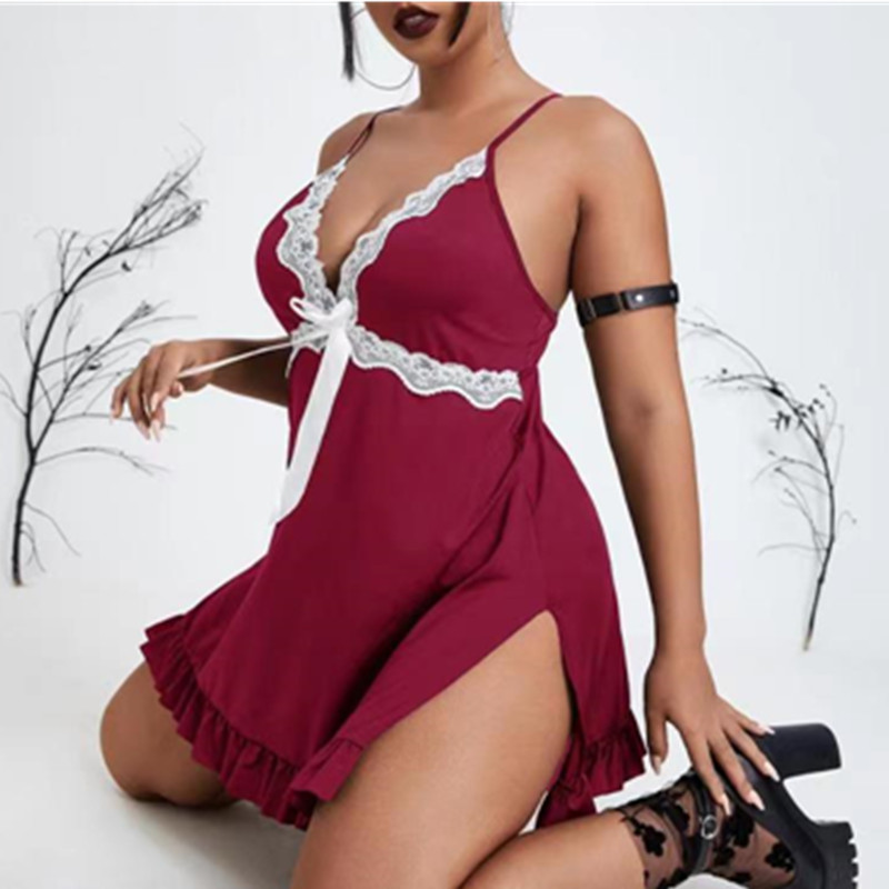 Ženy Sexynoční šatynoční košile Friled Slip Sleepwear Wine Sexy Nighthies Gerter spodní prádlo