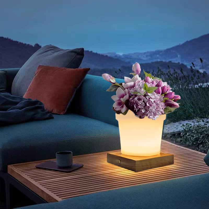 Změna barvy RGB LED LED rostlinné stolní lampy dotykové ovládání, moderní jednoduchý PE plastový květinový hrnec LED stolní lampy s pevným dřevem pro obývací pokoj/bedroom/office