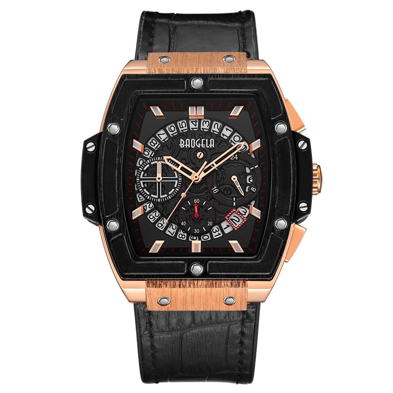 Baogela Brand Fashion Pánská sportovní vodotěsná kalendář zápěstí Watch Square Multifunktion Silicone Band Mens Watch 1703 Rose Black