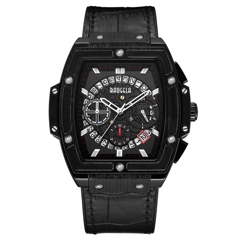 Baogela Brand Fashion Pánská sportovní vodotěsná kalendář zápěstí Watch Square Multifunktion Silicone Band Mens Watch 1703 Rose Black
