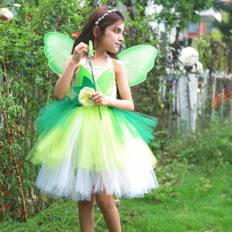 Halloween cosplay princezna dětské dívky party zelená květina víla pohárka zvonek elf kostým s motýlovými křídly sadami