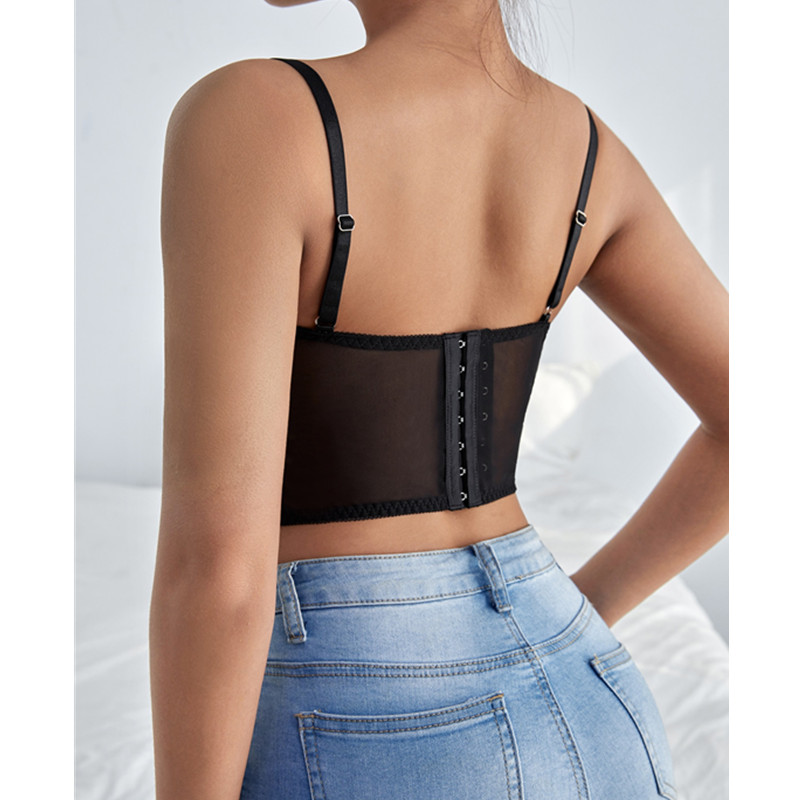 Pevný kontrastní síťová krajková krajka cami top s jedním párem podvazkem