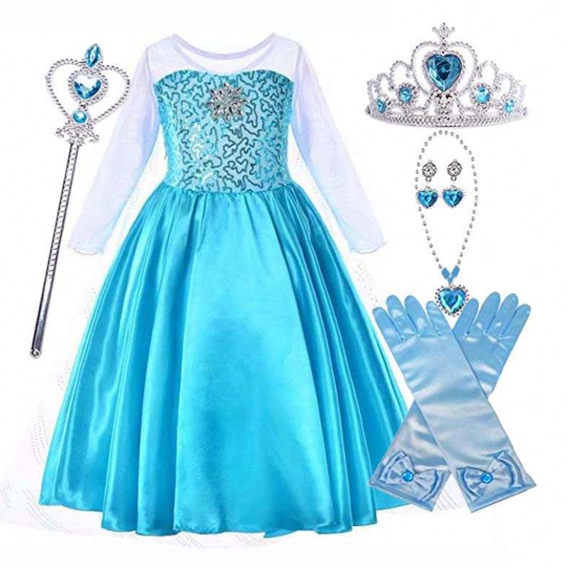 Snow Party Queen Halloween kostým Blue s dlouhým rukávem Sněhová královna sekvence Elsa šaty pro dívky s příslušenstvím HCGD-006