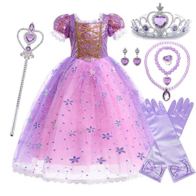 Dívčí princezna kostým Rapunzel Puff Sleeve Squinové cosplay šaty fialové s příslušenstvím HCRS-007