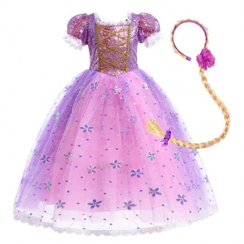 Dívčí princezna kostým Rapunzel Puff Sleeve Squinové cosplay šaty fialové s příslušenstvím HCRS-007