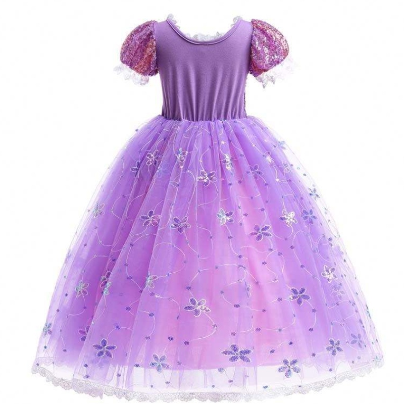 Dívčí princezna kostým Rapunzel Puff Sleeve Squinové cosplay šaty fialové s příslušenstvím HCRS-007