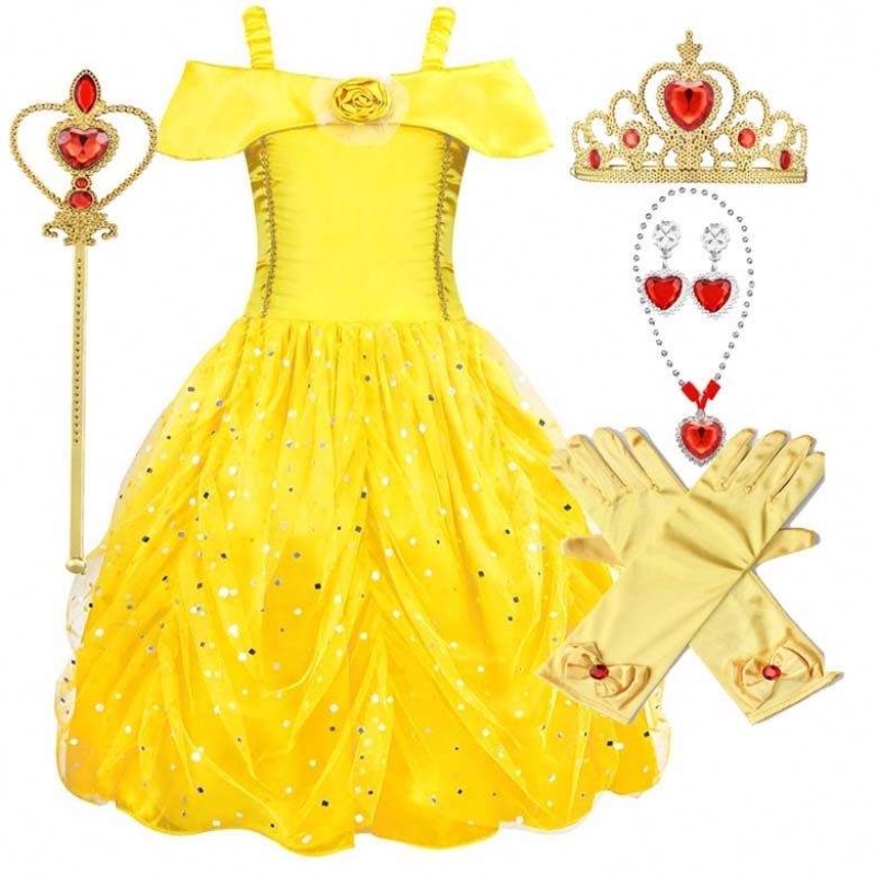 Fancy Halloween Vánoční oslava karneval žlutá kulička Princezna oblékat se holčička Belle šaty hcbl-007
