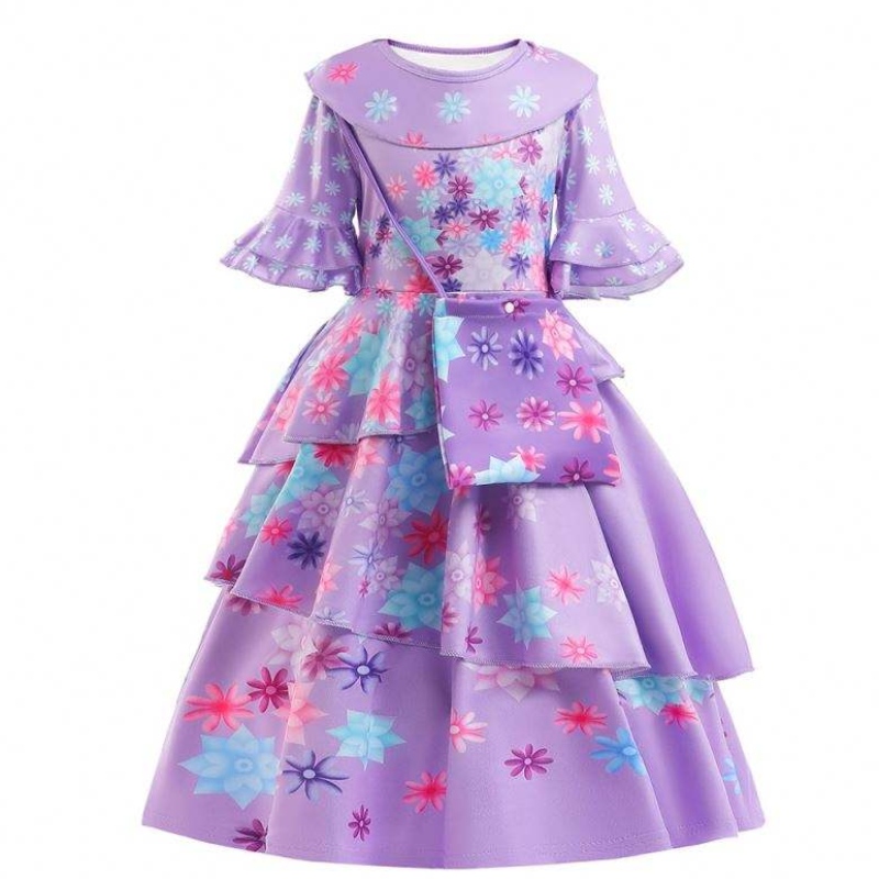 2022 Nové módní děti encanto kostým Isabella cosplay květ potištěné denní oblečení pro dívku s taškou