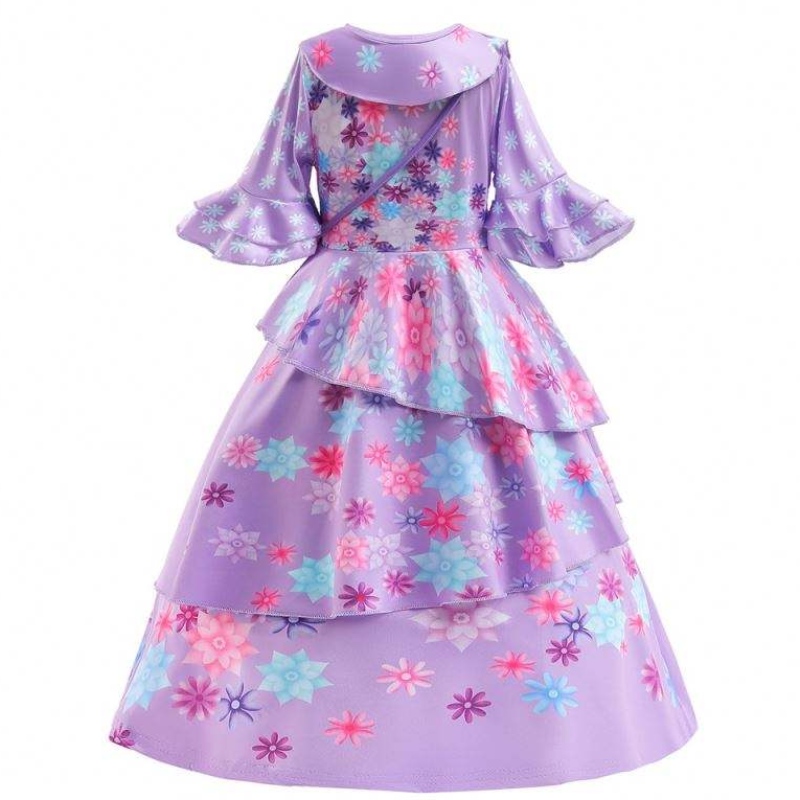 2022 Nové módní děti encanto kostým Isabella cosplay květ potištěné denní oblečení pro dívku s taškou