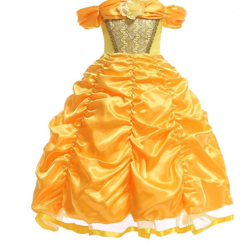 Baige New Design Kids Kostém dívky jména šaty s obrázky princezna belle dlouhá šatynafouklé žluté šaty SMR023