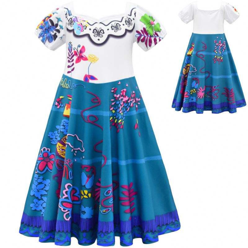 Encanto cosplay kostýmní šaty dívčí šaty pro karneval Halloween Princess Party oblečení květinové volánky dlouhé šaty dívka mirabel šaty