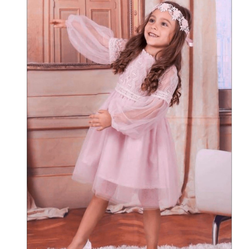 Malé dívky bílé růžové krajkové šaty dlouhé rukáv květiny dětské děti princezna Pageantnarozeninový párty šaty tulle vintage šaty 3 8 14 let