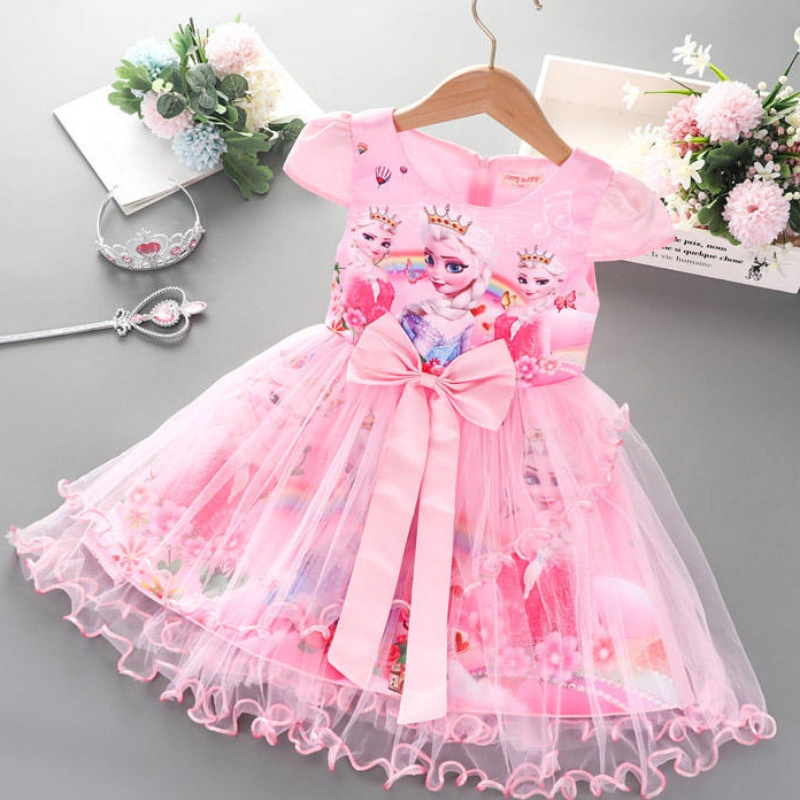 2-8y dívky šaty Summer Nové krátké rukáv Princezna Elsa Mesh Tutu Sukně děti \\ Narozeninové oslavy cosplay šaty