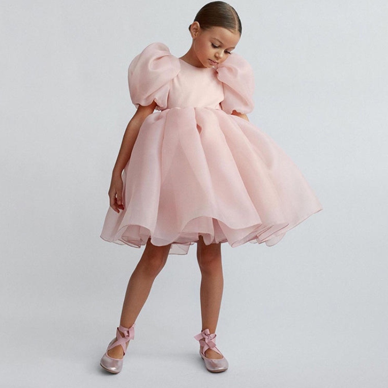 Módní dívka princezna vintage šaty tyle dítě vestido puffové rukáv růžová svatební pártynarozeniny tutu dětské plesové šaty šaty