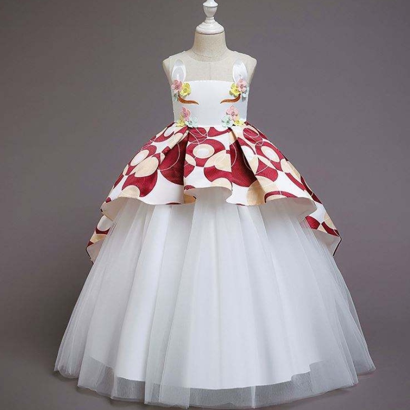 Baige Applique Empoidery Girl Girl Dress Party Délka podlahy koncové šaty jednorožec
