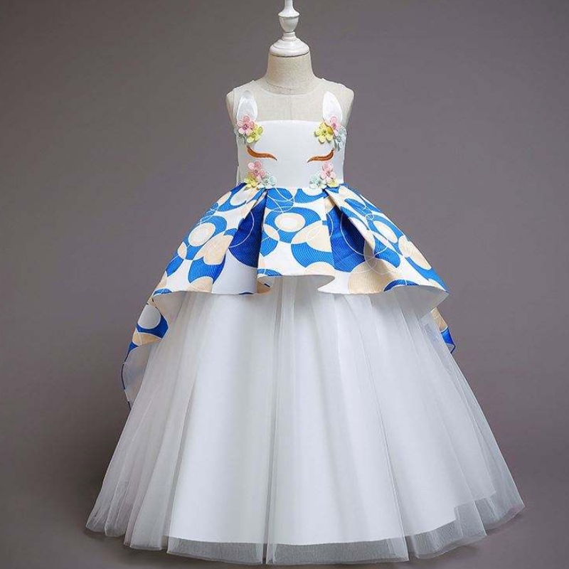 Baige Applique Empoidery Girl Girl Dress Party Délka podlahy koncové šaty jednorožec