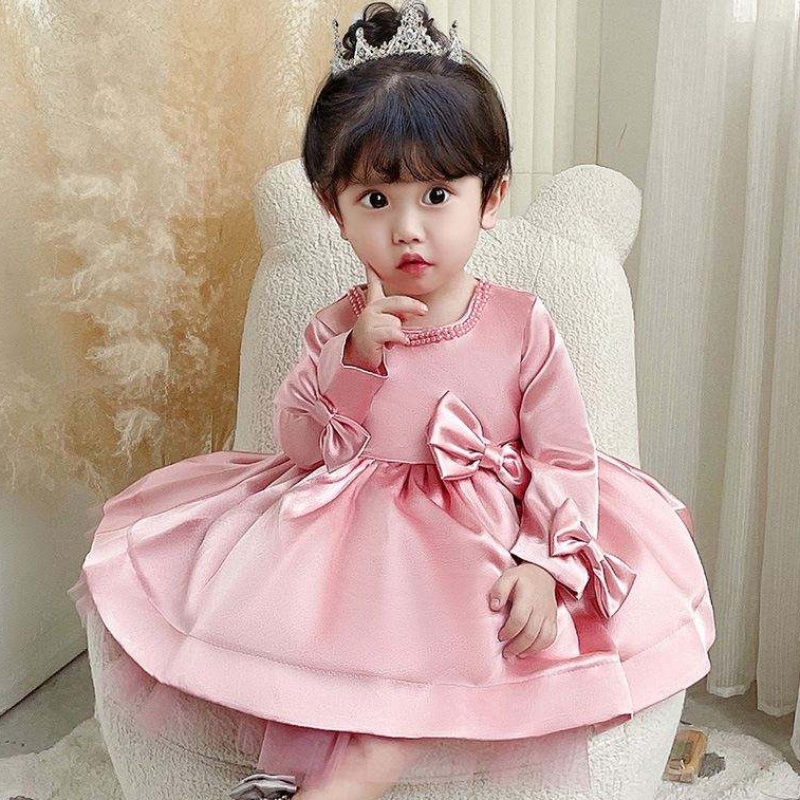 Baige dlouhé rukávy večírek Flower Girl Šaty Big Bow 1-6 letears Kids Clocking Frock Design 9105