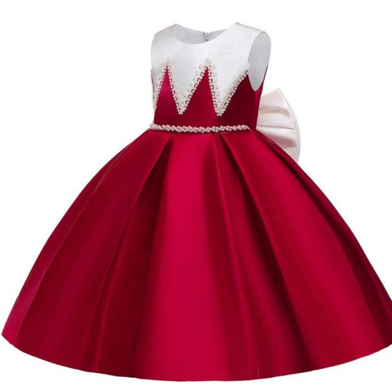 Baige saténový materiál velký luk uzel Červená barva Kids Bridesmaid Šatynarozeninové šaty pro dívky