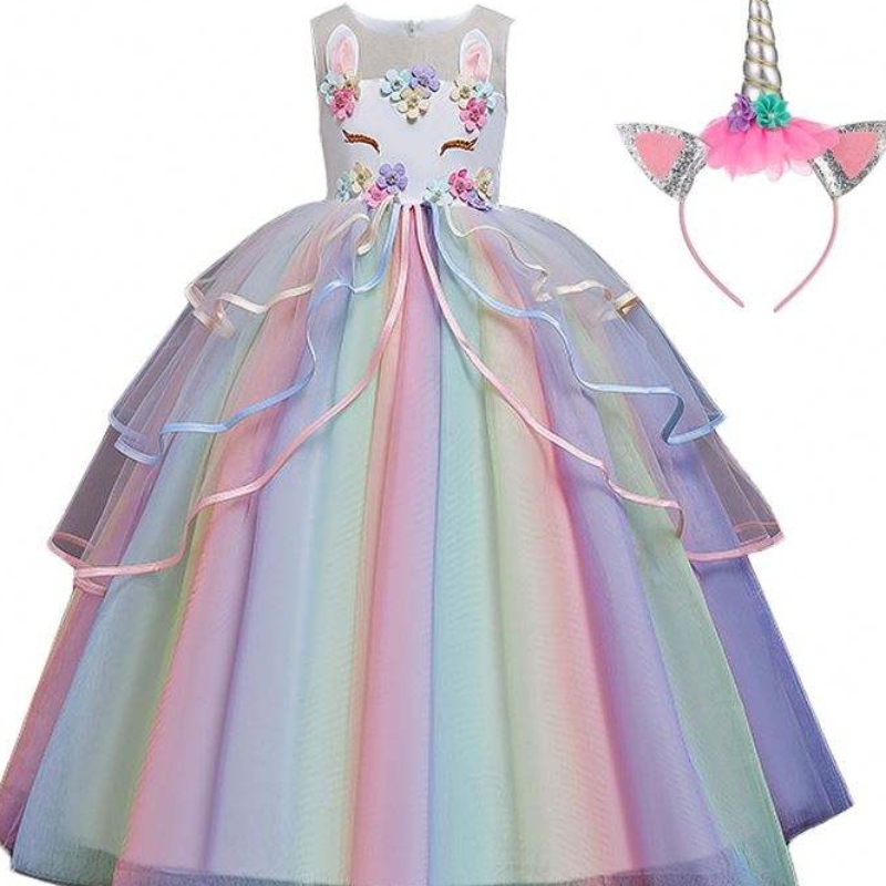 Baige Hot Sale Rainbow Unicorn Party šaty děti květinové dívky šaty s čelenkou