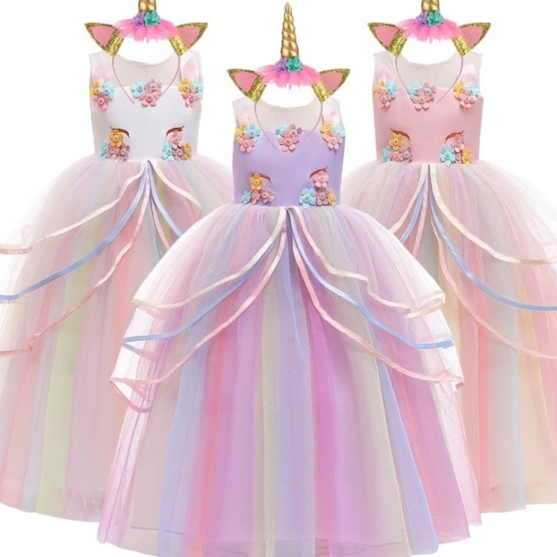 Baige Hot Sale Rainbow Unicorn Party šaty děti květinové dívky šaty s čelenkou