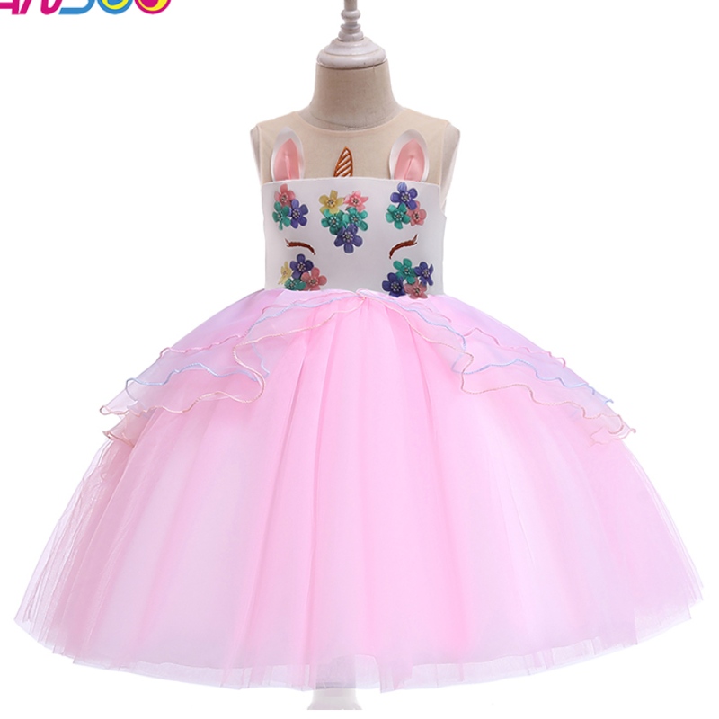 Ansoo Unicorn Princess Flower Girl Šaty Velkoobchodní děti svatební šaty kolena délka dívek party šaty